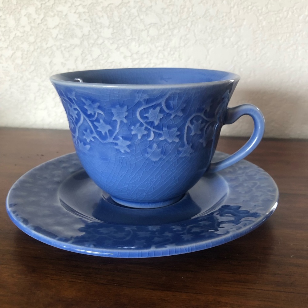 Vintage Jars France Nagar Blue Leaves Large Footed Cup & Saucer Set